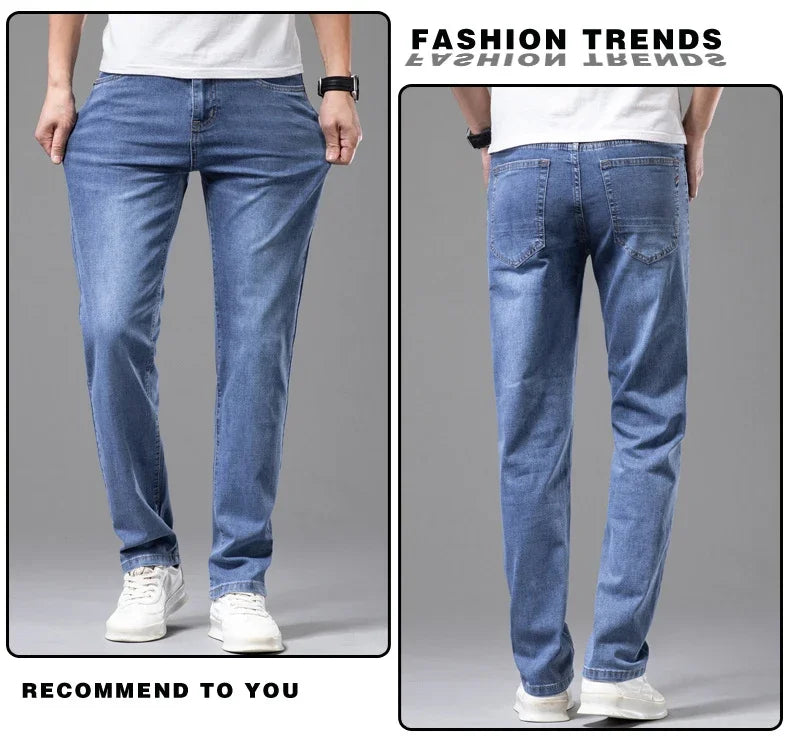 Pantalones vaqueros finos de algodón elástico para hombre, pantalón informal, recto, cómodo, color gris, a la moda, para verano