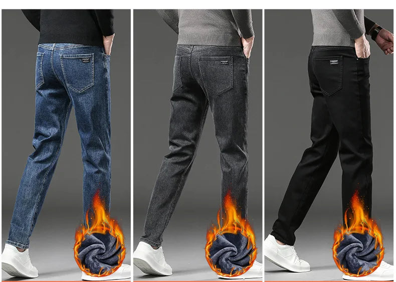 Pantalones vaqueros gruesos y cálidos de lana de invierno para hombre, pantalones vaqueros elásticos rectos ajustados, ropa informal para hombre, pantalones de felpa a la moda