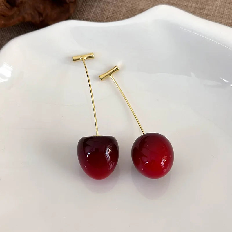 Pendientes de cereza roja dulce para mujer, pendientes colgantes con diseño de fruta delicada a la moda, joyerÃa coreana para fiesta de boda, regalo