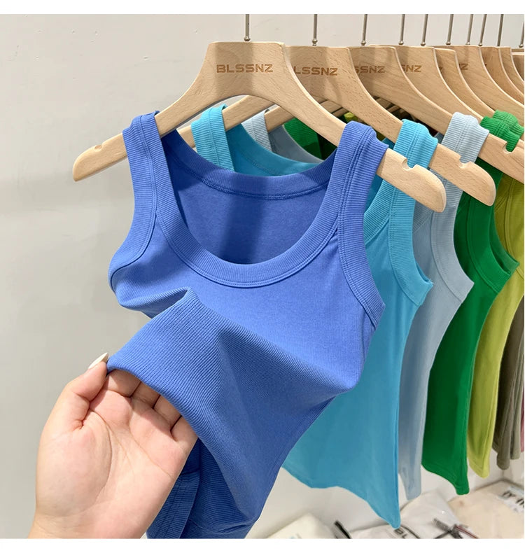 Zjaiss, camiseta sin mangas acanalada con cuello redondo liso para mujer, camisola para mujer, camiseta sin mangas elástica básica de verano 2025, camiseta sin mangas sólida con cuello redondo