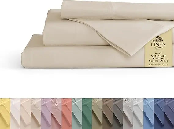 Sábanas de percal 100% algodón tamaño Queen, crema, bolsillo profundo, juego de 4 piezas: 1 sábana bajera plana, 1 bolsillo profundo y 2 fundas de almohada,