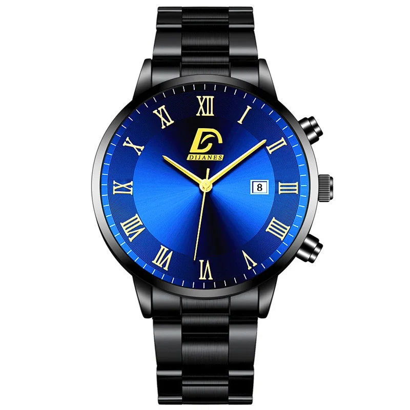 Relojes de acero inoxidable dorados a la moda para Hombre, Reloj de pulsera de cuarzo minimalista de lujo, Reloj con calendario informal de negocios para Hombre