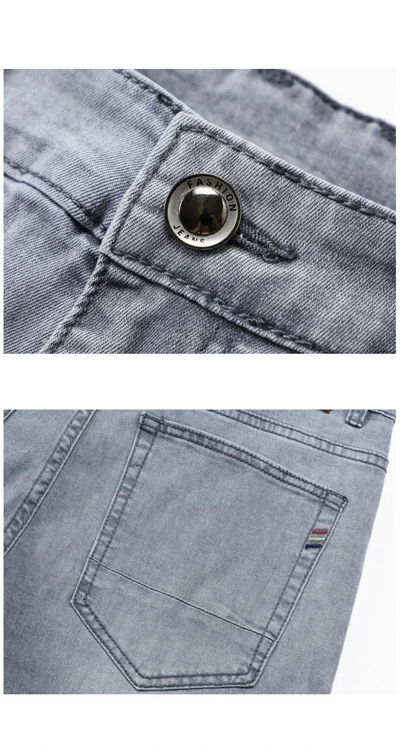 Pantalones vaqueros finos de algodón elástico para hombre, pantalón informal, recto, cómodo, color gris, a la moda, para verano