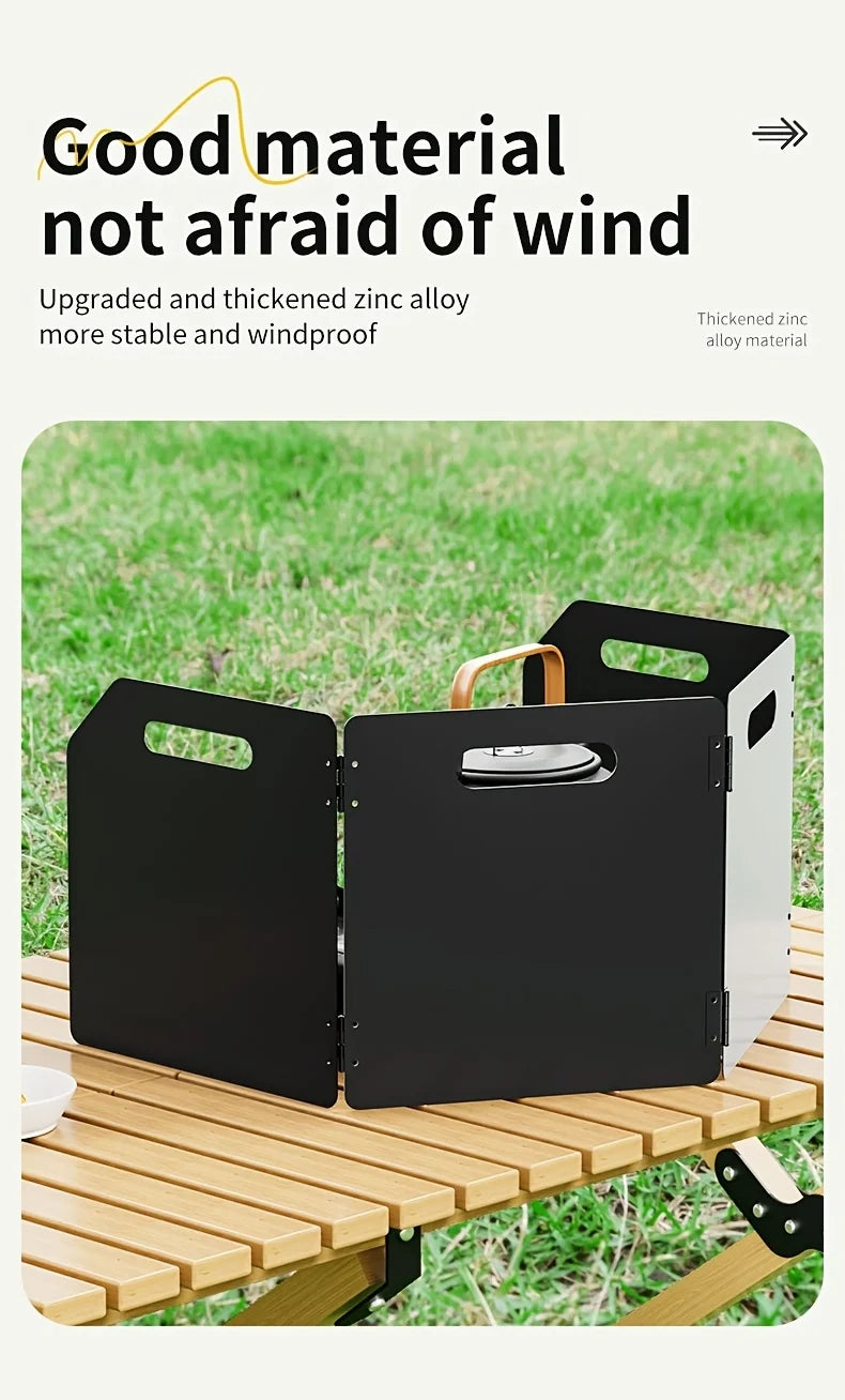 Parabrisas plegable portátil para estufa de acampada, protección contra el viento de metal rectangular de 4 lados, acabado recubierto de polvo
