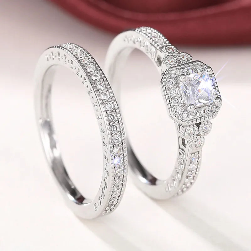 Conjunto de anillos de Plata de Ley 925 para mujer, 2 uds., accesorios de boda de circón cúbico de lujo, joyería femenina elegante con temperamento