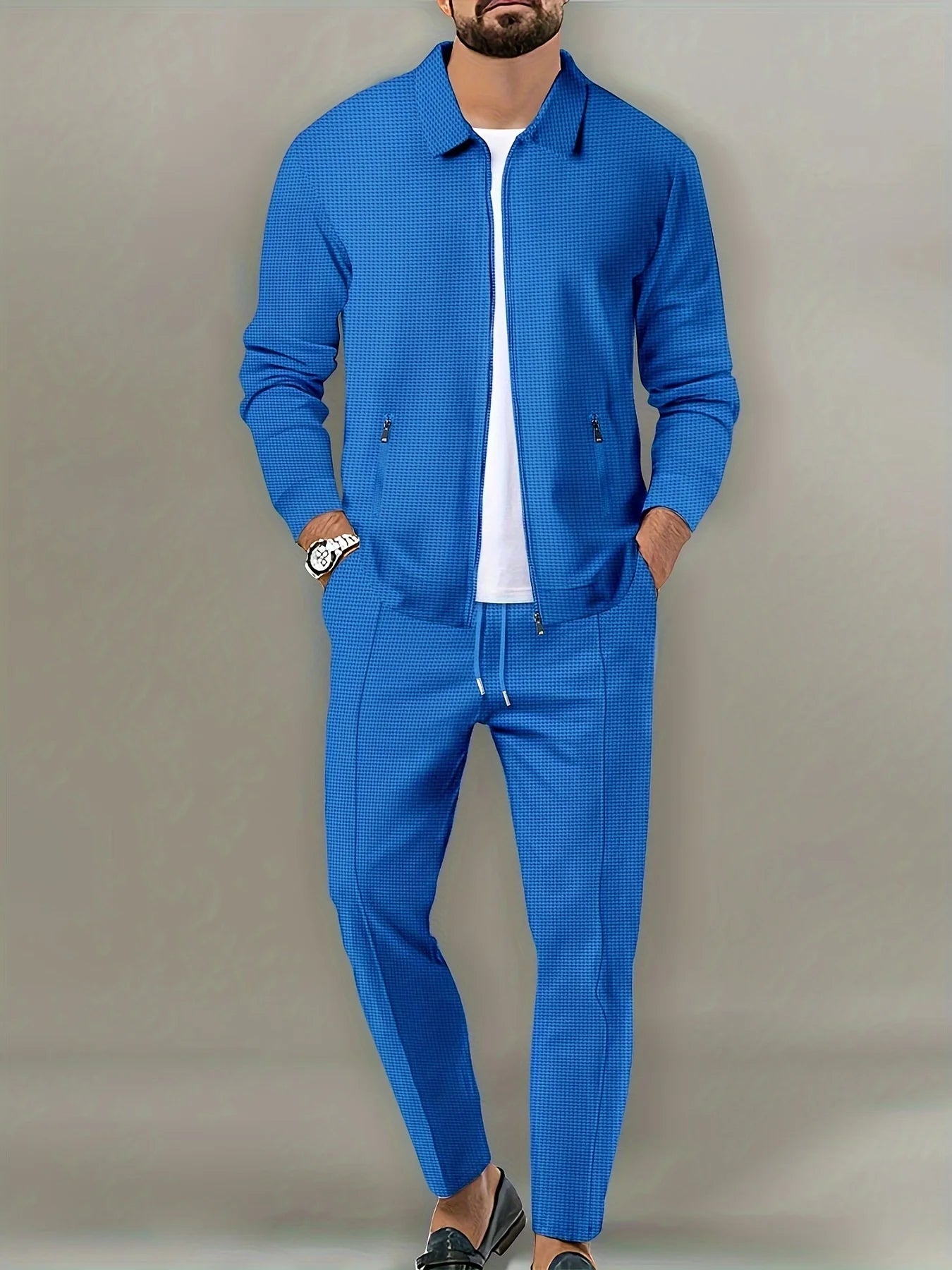 Chaqueta ajustada con bolsillo de cremallera para hombre, ropa deportiva de manga larga, conjunto de chaqueta de cárdigan, pantalones largos, elegante, conjunto de dos piezas