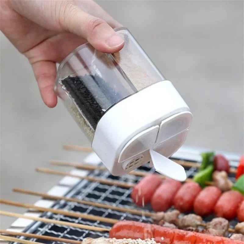 Tarro de condimentos para acampar 4 en 1 con tapa, dispensador de especias transparente, 4 compartimentos para cocinar al aire libre, barbacoa, salero y pimentero