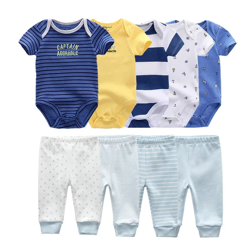 9 unids/lote monos Unisex para recién nacidos + pantalones conjuntos de ropa de algodón de dibujos animados ropa para bebé (niño o niña)