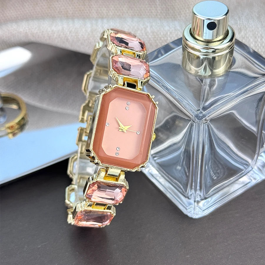 Reloj de mujer de estilo europeo y americano con cadena de diamantes de imitación de sección grande, caja rectangular de color, esfera de diamantes de imitación