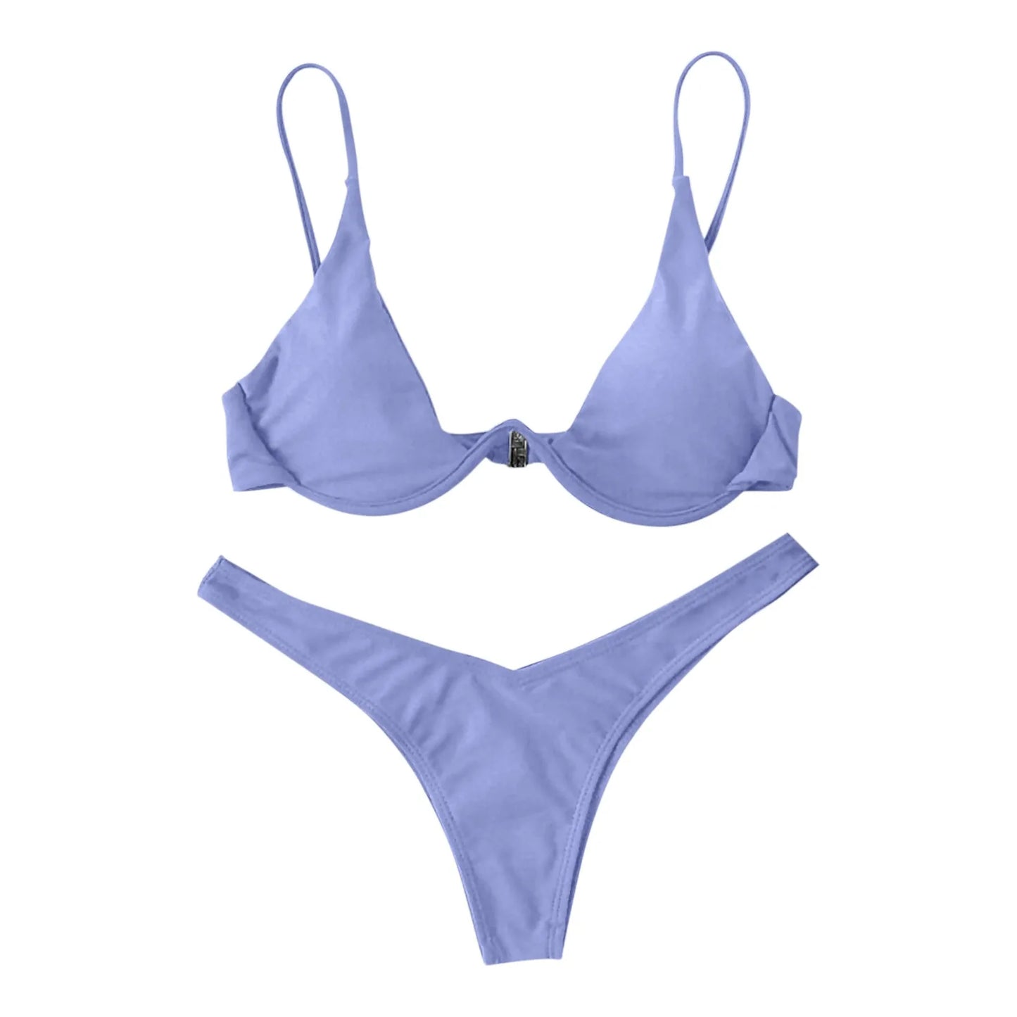 Bikini Sexy con aros para Mujer, traje de baño rojo liso con sujetador de realce, Tanga, traje de baño con cuello Halter y cuello de pico, Mini microtanga 2024