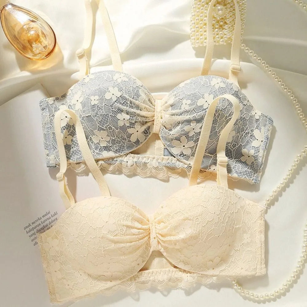 Sujetador inalámbrico de malla ajustado para mujer, sujetador antiflacidez de encaje Floral dulce con escote en V profundo, lencería con pechos recogidos, regalos
