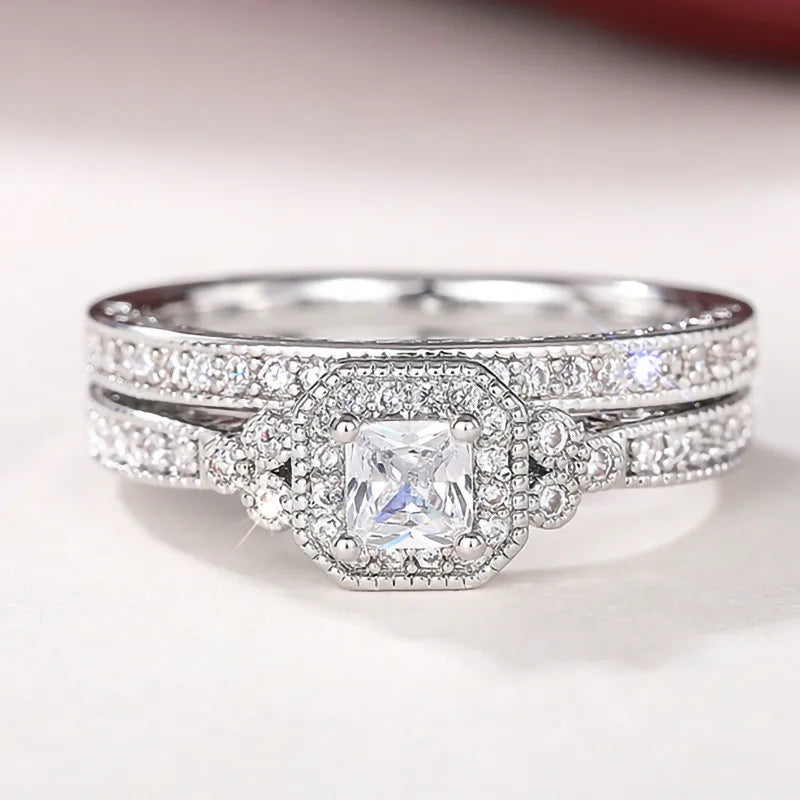 Conjunto de anillos de Plata de Ley 925 para mujer, 2 uds., accesorios de boda de circón cúbico de lujo, joyería femenina elegante con temperamento