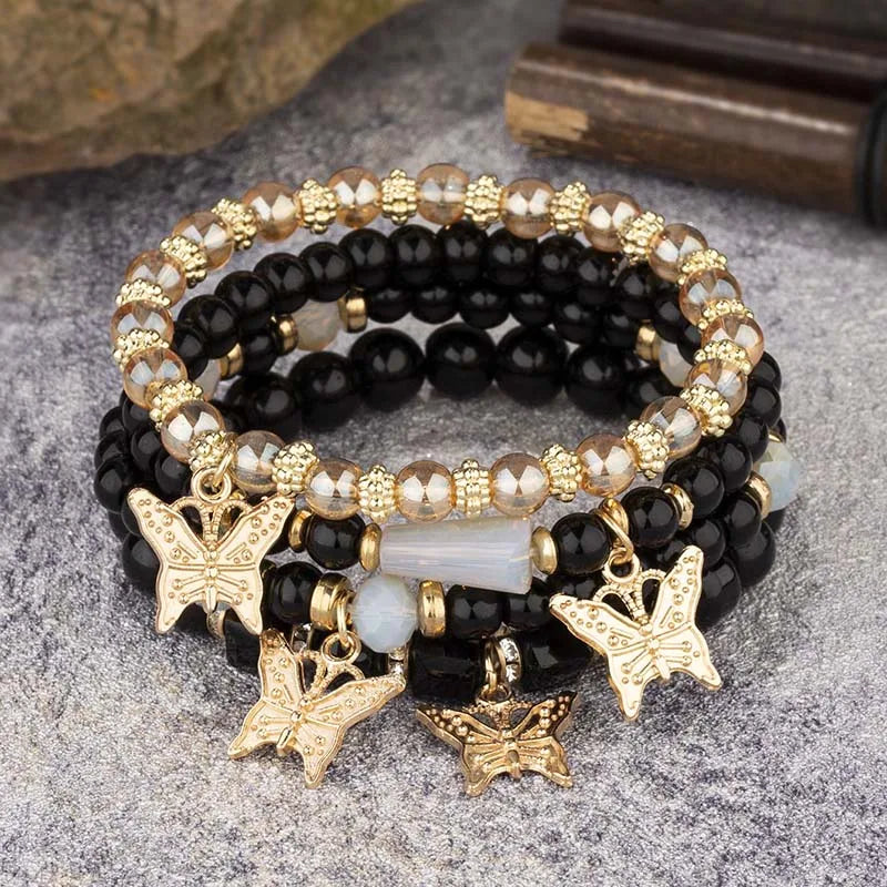 Conjunto de pulsera con cuentas de mariposa para mujer, brazalete de cadena elástica con cuentas acrÃlicas rosas, regalo de joyas de fiesta bohemia, 4 Uds.