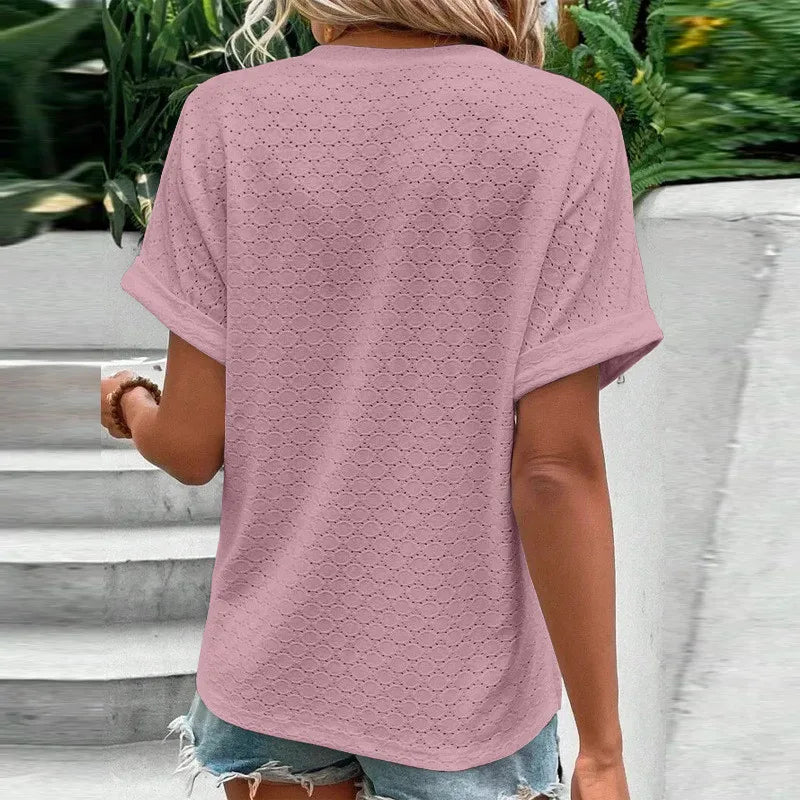 Blusas informales de Jacquard con botones y cuello en V para mujer, camisas holgadas lisas, Tops de manga corta de gran tamaño para mujer 2023