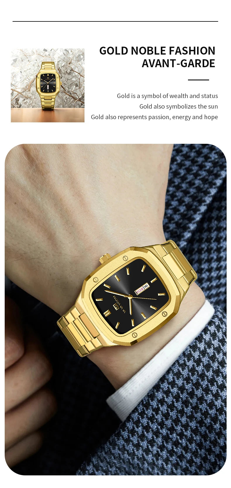 2024 nuevo reloj para hombre, correa cuadrada de acero inoxidable a la moda, oro azul, 3Bar, calendario semanal de cuarzo, reloj de pulsera deportivo de negocios simulado