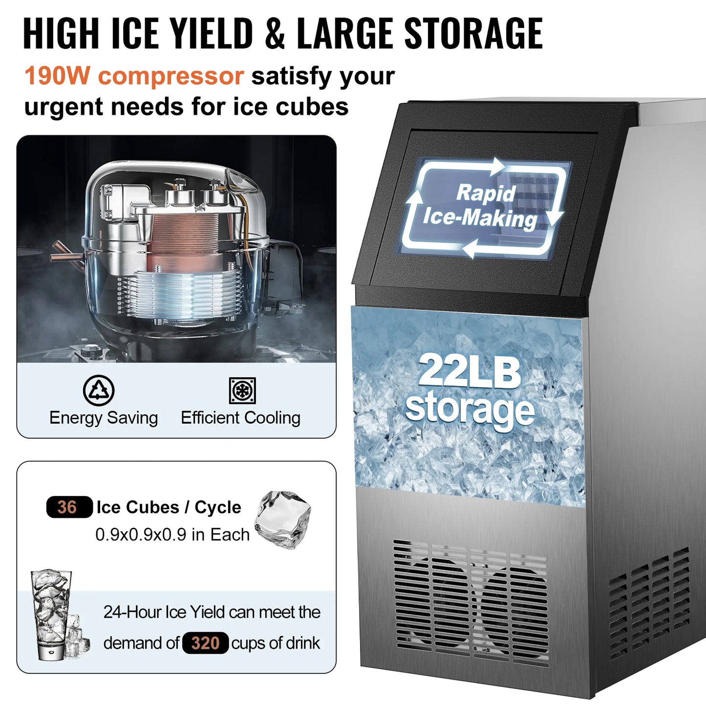 VEVOR Máquina para Hacer Hielo de Acero Inoxidable de Calidad Alimentaria, Trituradora de Máquina de Hielo Comercial, 280W, 68kg/24 horas, Panel de Control LCD Inteligente para Cafeterías y Bares