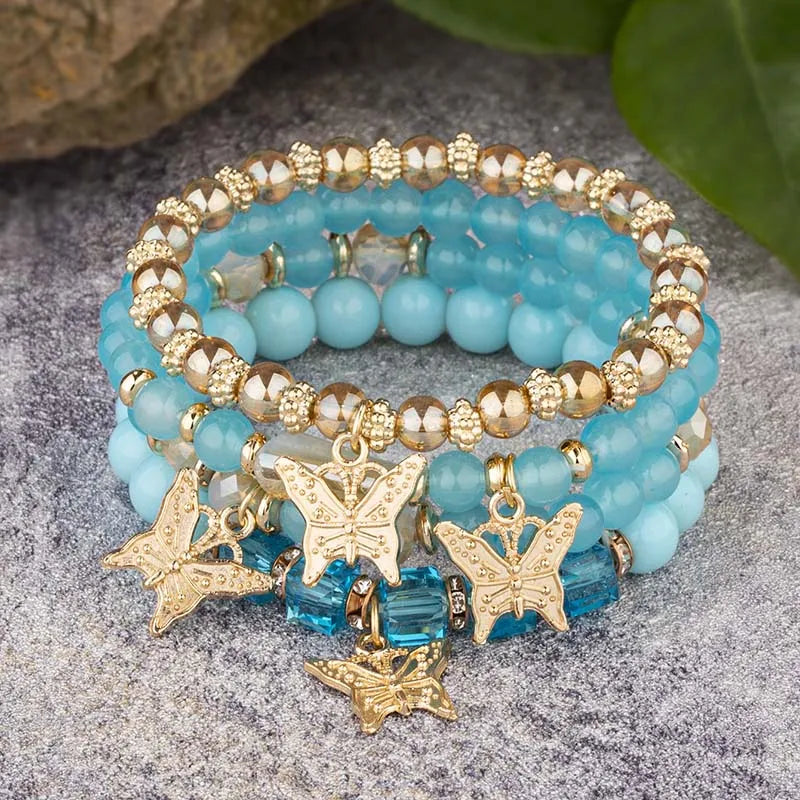 Conjunto de pulsera con cuentas de mariposa para mujer, brazalete de cadena elástica con cuentas acrÃlicas rosas, regalo de joyas de fiesta bohemia, 4 Uds.