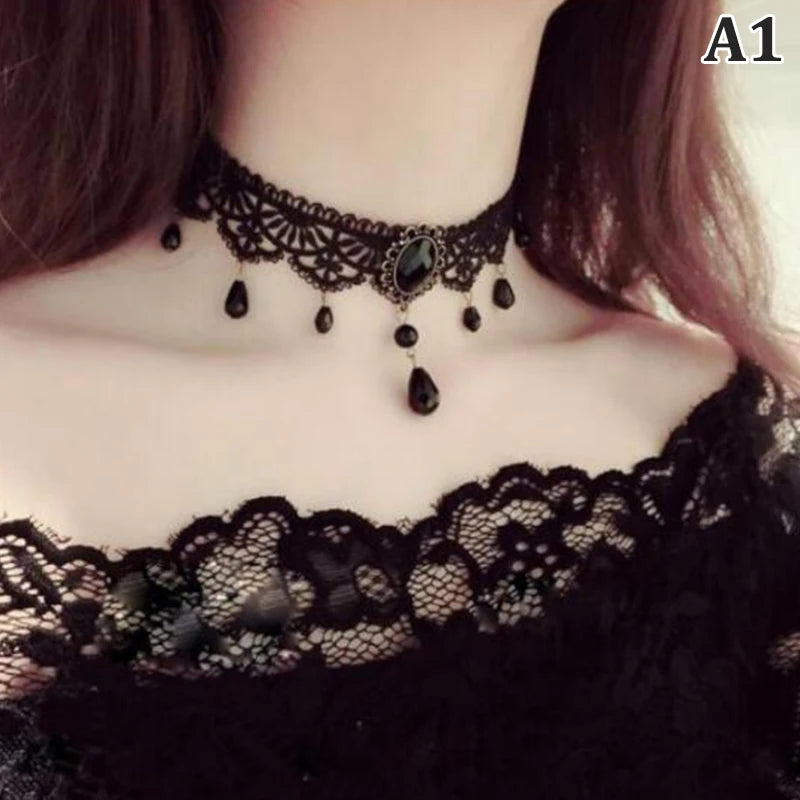 Nuevas gargantillas góticas sexis, gargantilla de cuello de encaje negro de cristal, collar Vintage victoriano para mujer, joyerÃa Steampunk