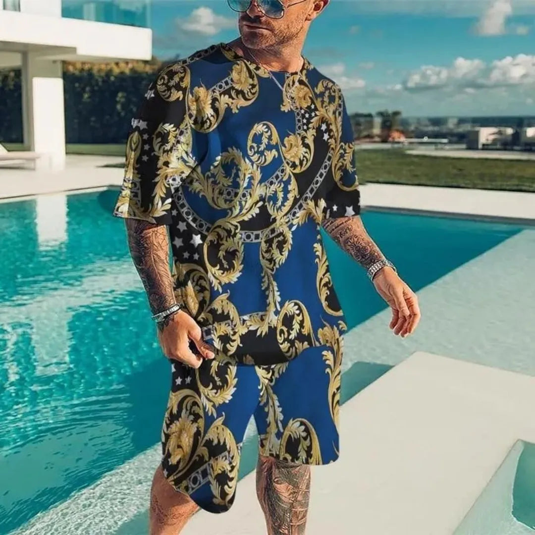 NOVEDAD DE VERANO 2021, ropa deportiva de lujo con diseño dorado para hombre, conjunto de camiseta de manga corta con estampado 3D, camiseta informal de moda para hombre, dos Pi