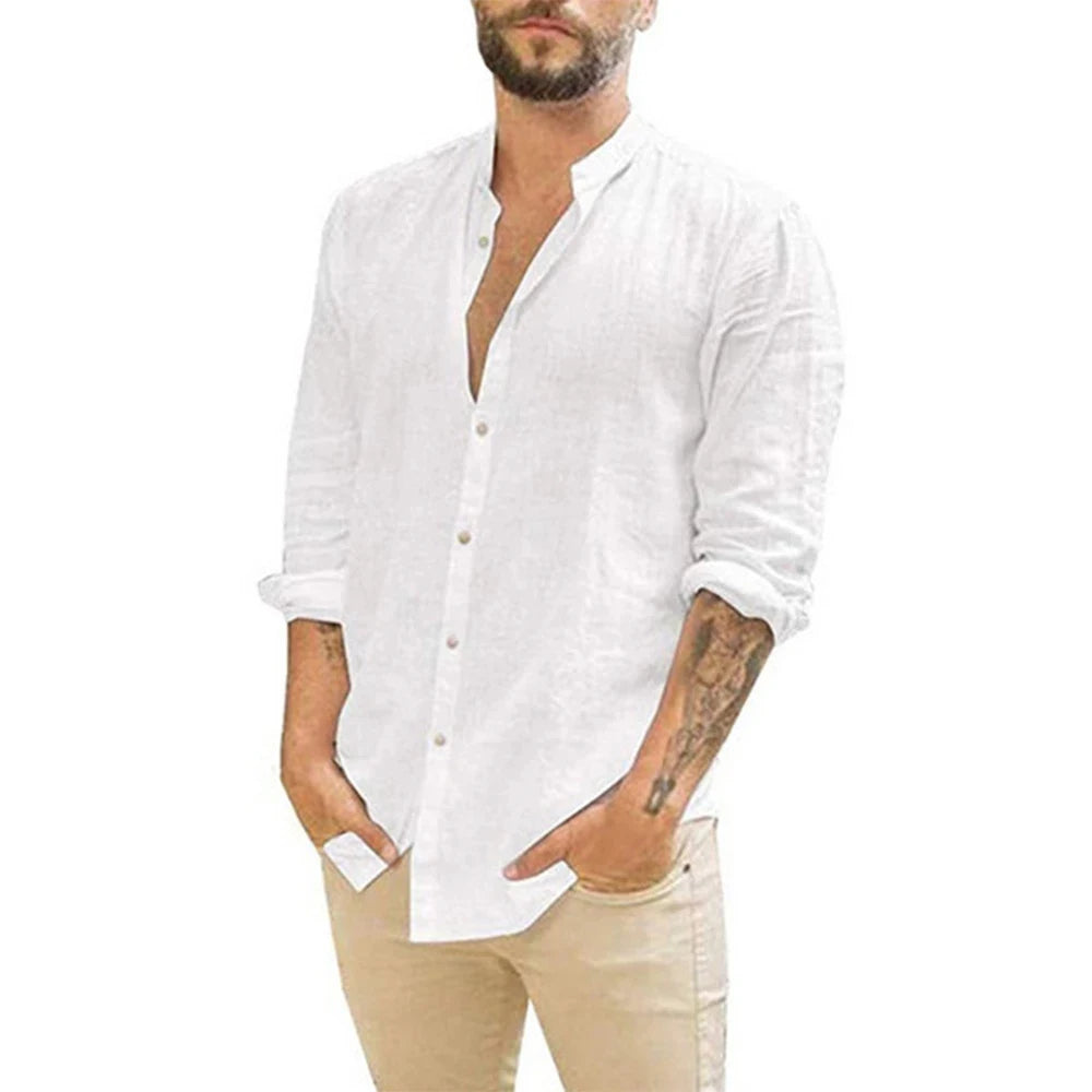 Camisas de manga larga para hombre, gran oferta de lino y algodón, Color sólido, cuello levantado, estilo informal de playa de talla grande, verano