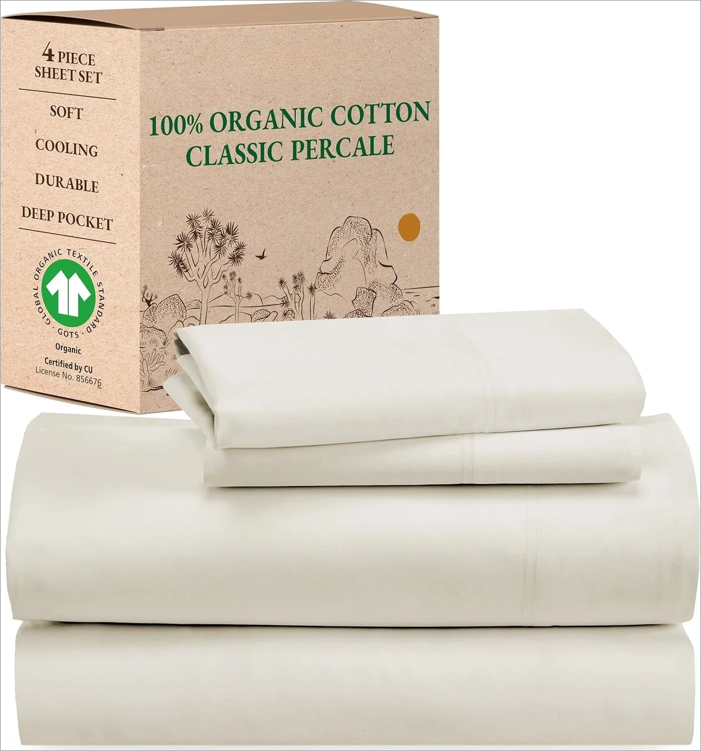 Juego de sábanas California King: sábanas suaves 100% algodón orgánico con bolsillos profundos, juego de cama transpirable y duradero de percal crujiente