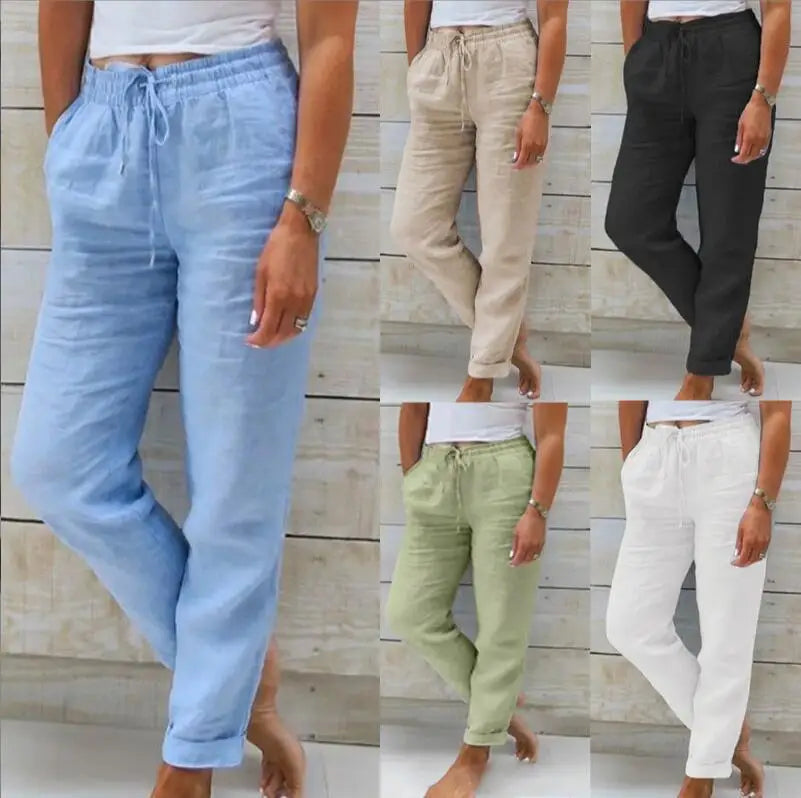Pantalones de verano de lino y algodón para mujer, pantalones informales elásticos de cintura alta, ropa de calle lisa para mujer, pantalones pitillo holgados 2024