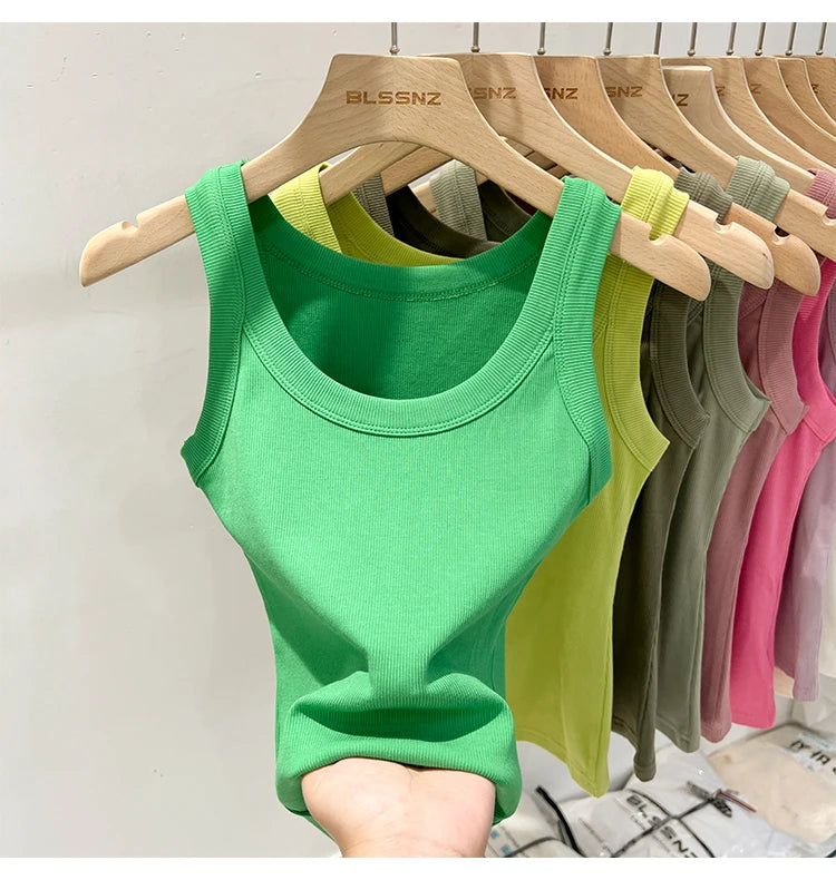 Zjaiss, camiseta sin mangas acanalada con cuello redondo liso para mujer, camisola para mujer, camiseta sin mangas elástica básica de verano 2025, camiseta sin mangas sólida con cuello redondo
