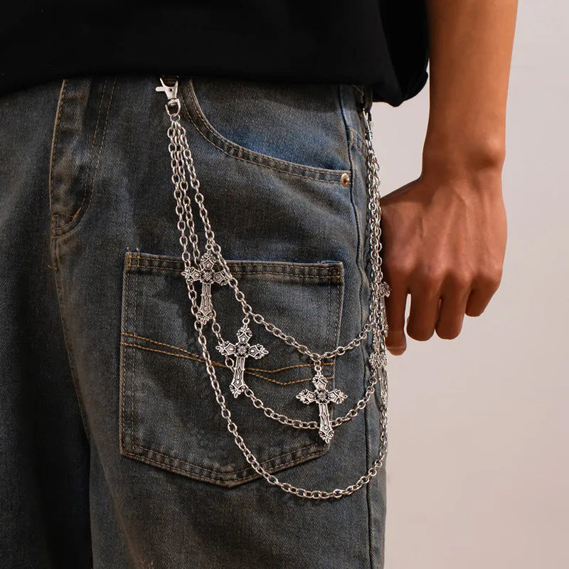 Cadena de pantalones de Metal Punk para hombre y mujer, cadena de cintura de Hip Hop, colgante de Cruz, cadena para pantalones vaqueros, accesorios, regalos