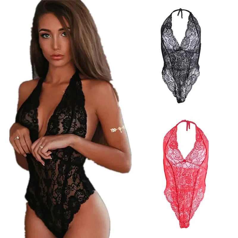 Lencerias Body de encaje transparente para mujer, lencerÃa Sexy, pijamas florales ahuecados, traje de peluche, medias, disfraces eróticos
