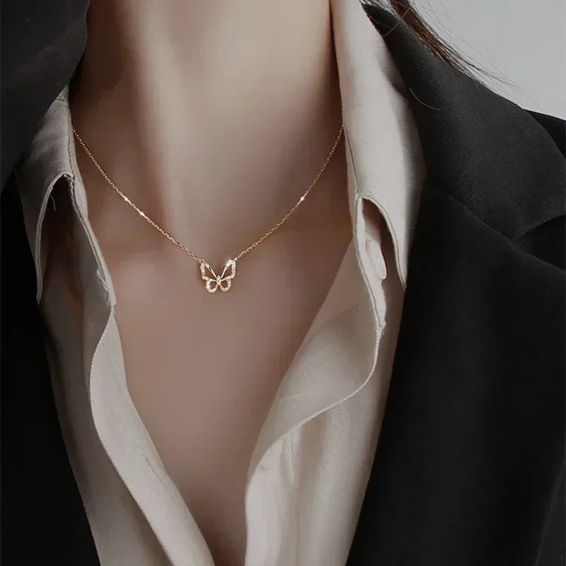 Collar de mariposa de plata para mujer, collar con colgante de circón de cristal para mujer y niña, collar de cadena de cristal, joyerÃa de fiesta