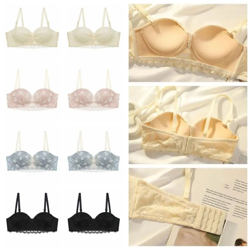 Sujetador inalámbrico de malla ajustado para mujer, sujetador antiflacidez de encaje Floral dulce con escote en V profundo, lencería con pechos recogidos, regalos