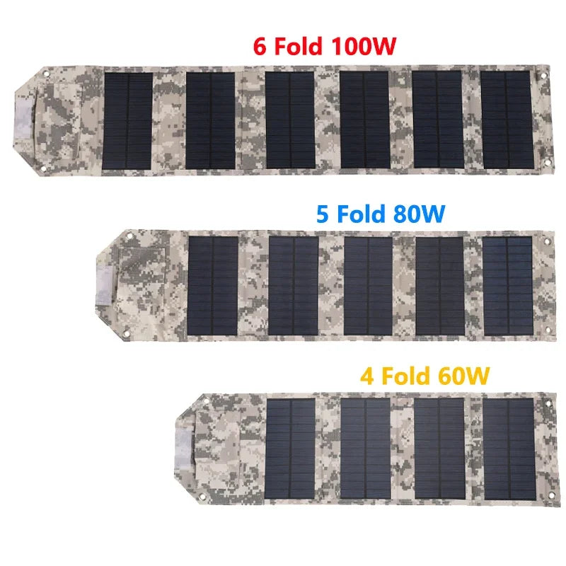 Panel Solar plegable de 60W, 80W, 100W, 5V, USB, bolsa plegable portátil, cargador de batería para teléfono, Camping al aire libre, Banco de energía impermeable