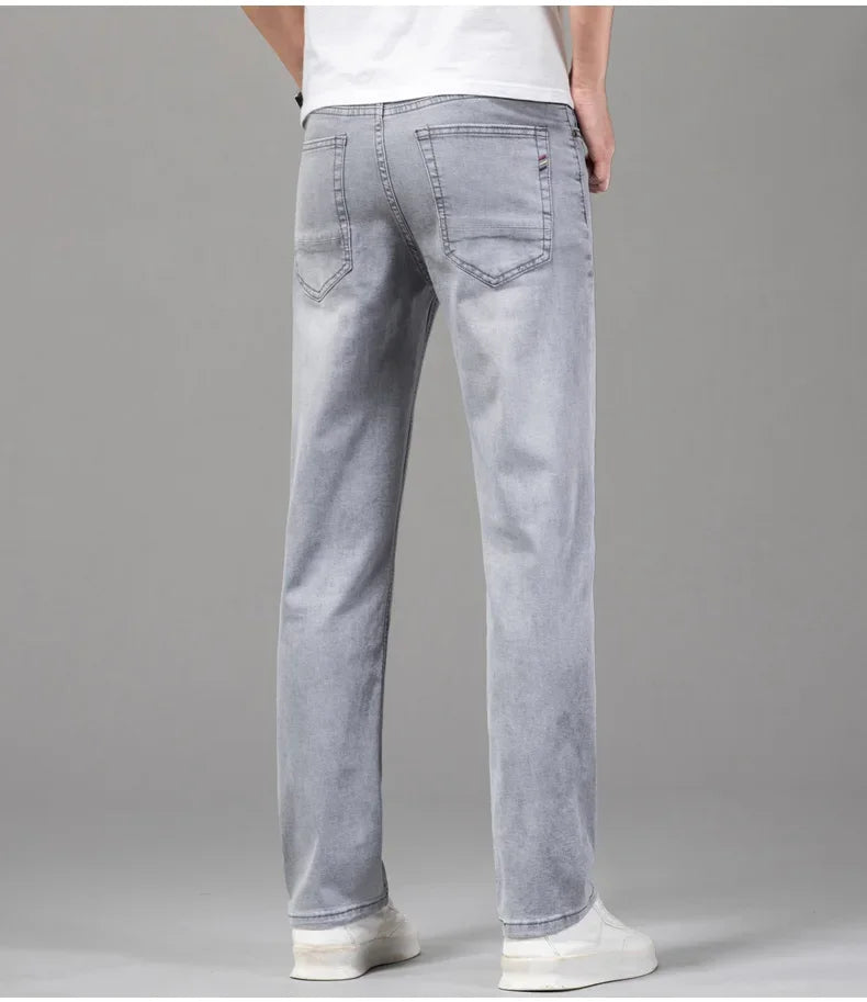 Pantalones vaqueros finos de algodón elástico para hombre, pantalón informal, recto, cómodo, color gris, a la moda, para verano