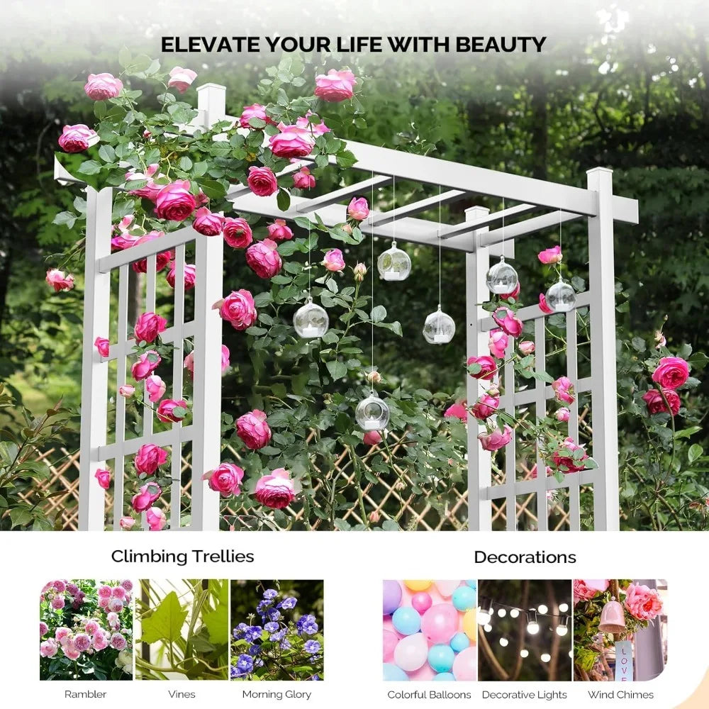 Caramanos de jardín con puerta, arco de boda de PVC para fiesta de ceremonia, enrejado de jardín para plantas trepadoras al aire libre, soporte de fondo de arco