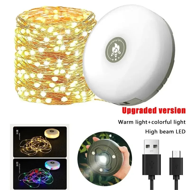 Luz de Camping 4 en 1, guirnalda de luces LED con carrete, lámpara de Camping USB para exteriores, luz LED nocturna reciclable para decoración de tienda de campaña y jardín