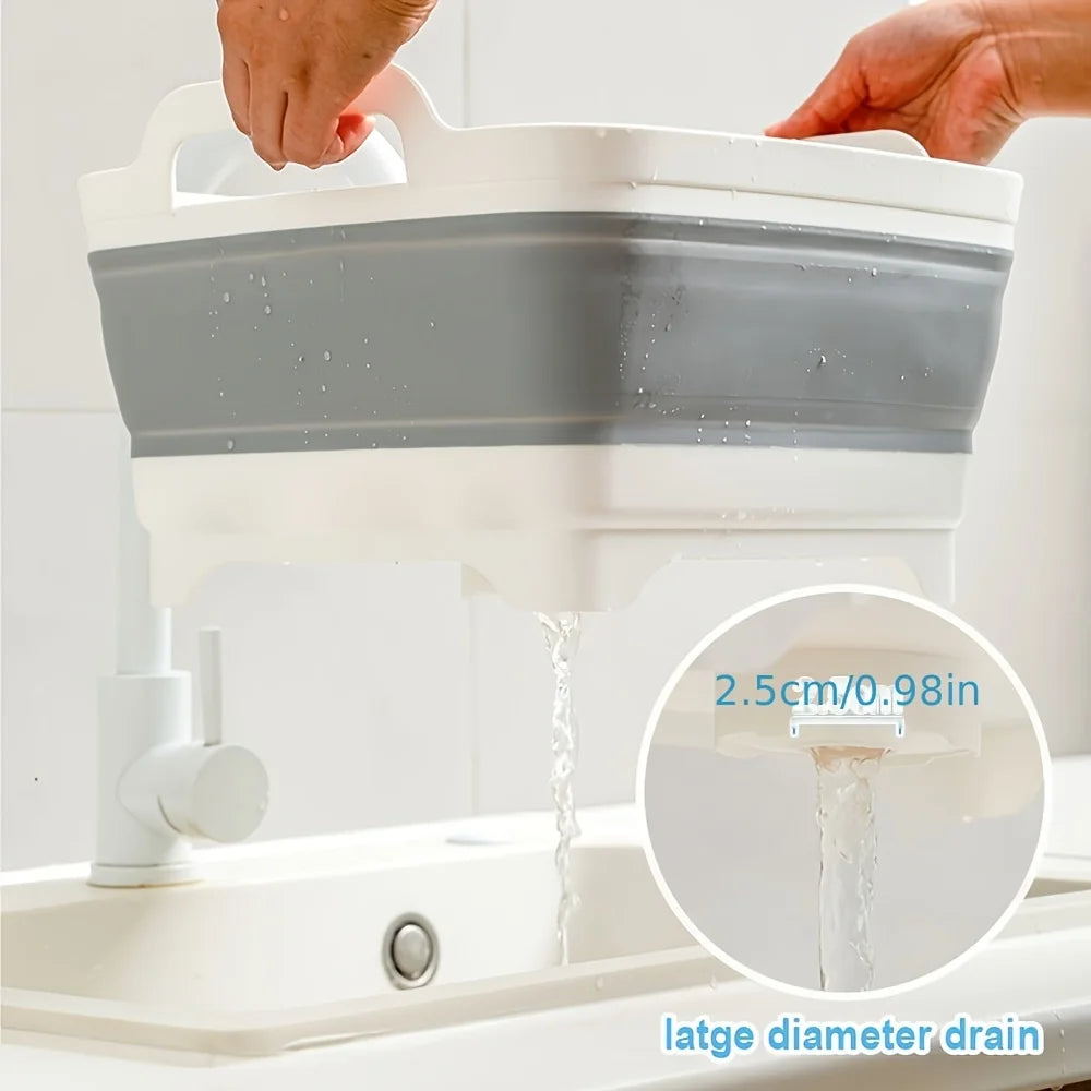 Un dispositivo de almacenamiento de agua portátil diseñado para acampar al aire libre, equipado con orificios de drenaje, lavabo plegable y para lavar verduras.