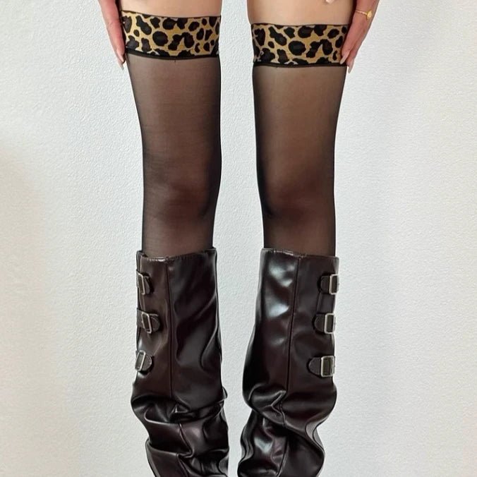 Medias transparentes de leopardo para mujer, ropa Sexy, lenceria, calcetines hasta la rodilla transparentes para chica, medias ultrafinas de verano