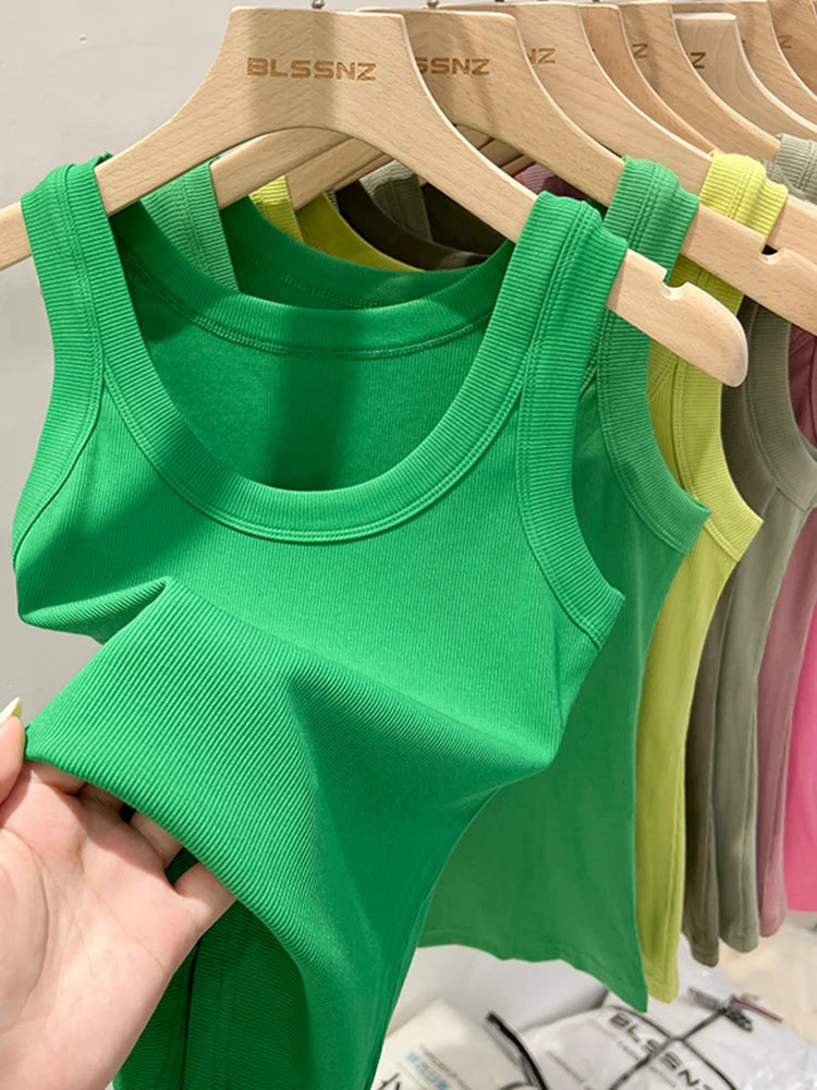 Zjaiss, camiseta sin mangas acanalada con cuello redondo liso para mujer, camisola para mujer, camiseta sin mangas elástica básica de verano 2025, camiseta sin mangas sólida con cuello redondo