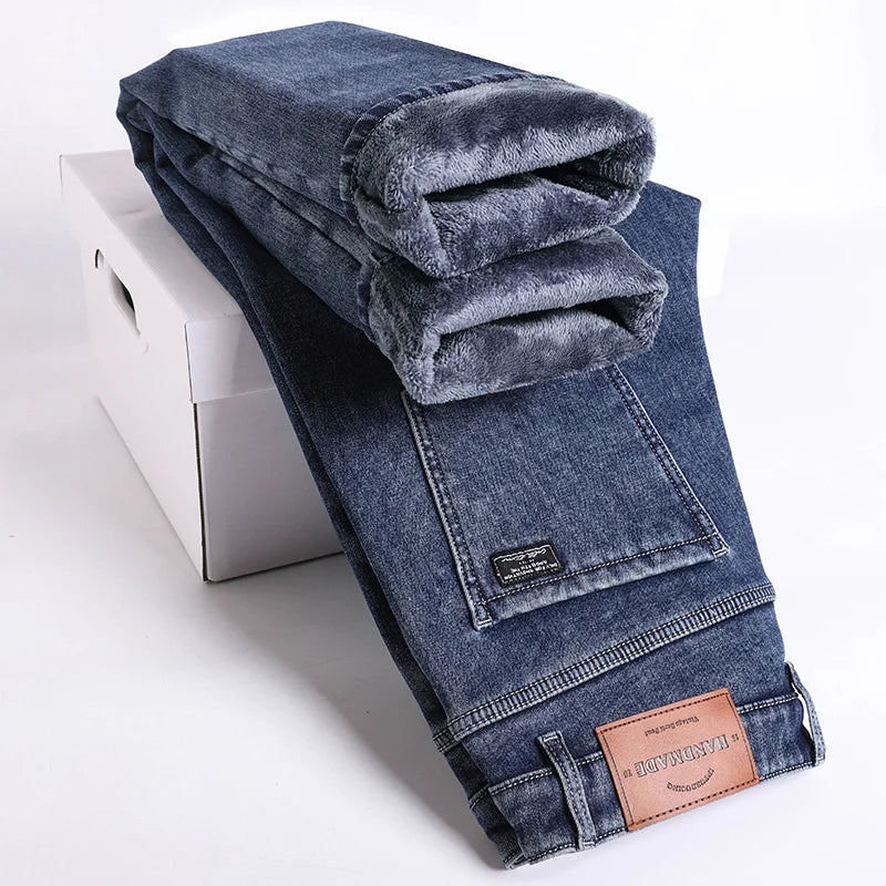 Pantalones vaqueros gruesos y cálidos de lana de invierno para hombre, pantalones vaqueros elásticos rectos ajustados, ropa informal para hombre, pantalones de felpa a la moda