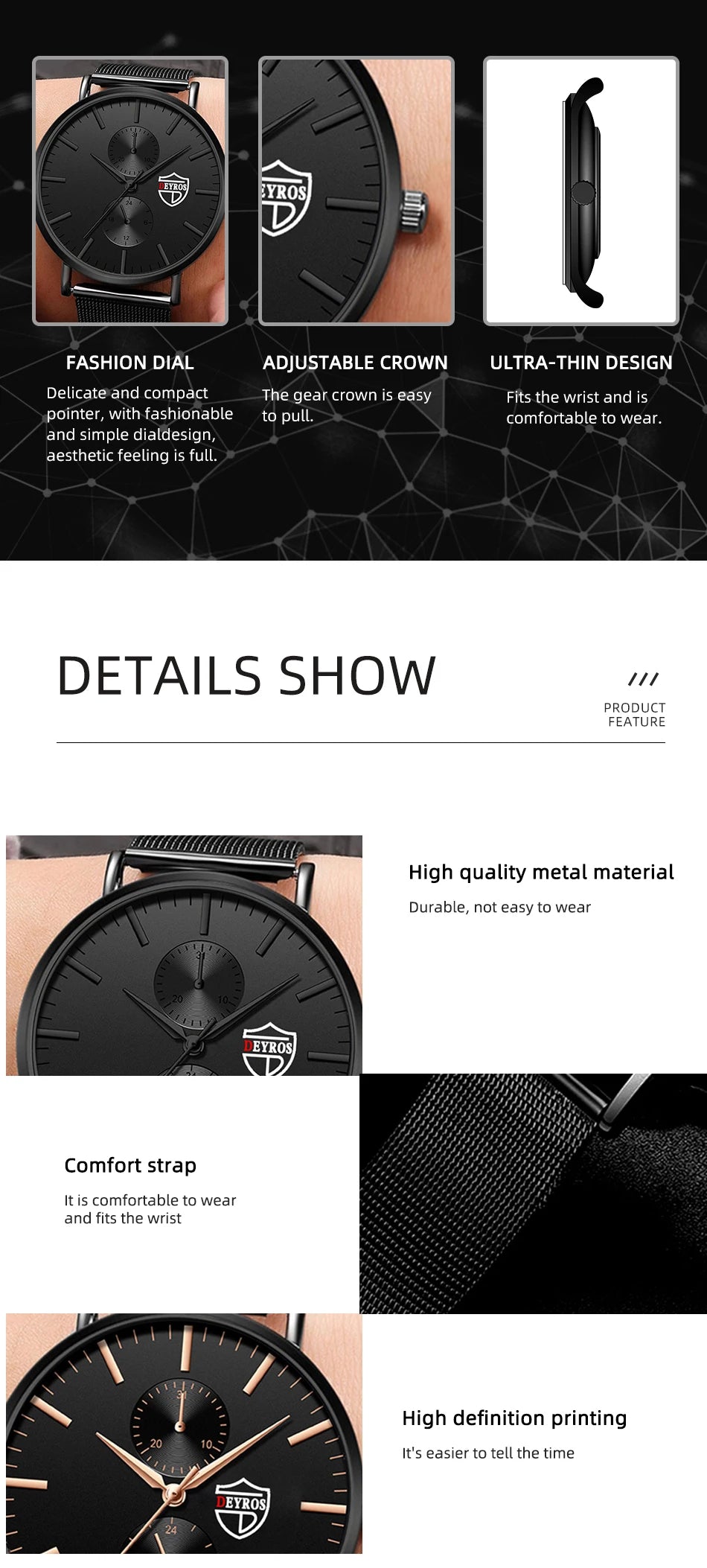 Reloj de pulsera de cuarzo de moda ultra fino para hombre reloj de pulsera de cuarzo de lujo negro de malla de acero inoxidable reloj de hombre
