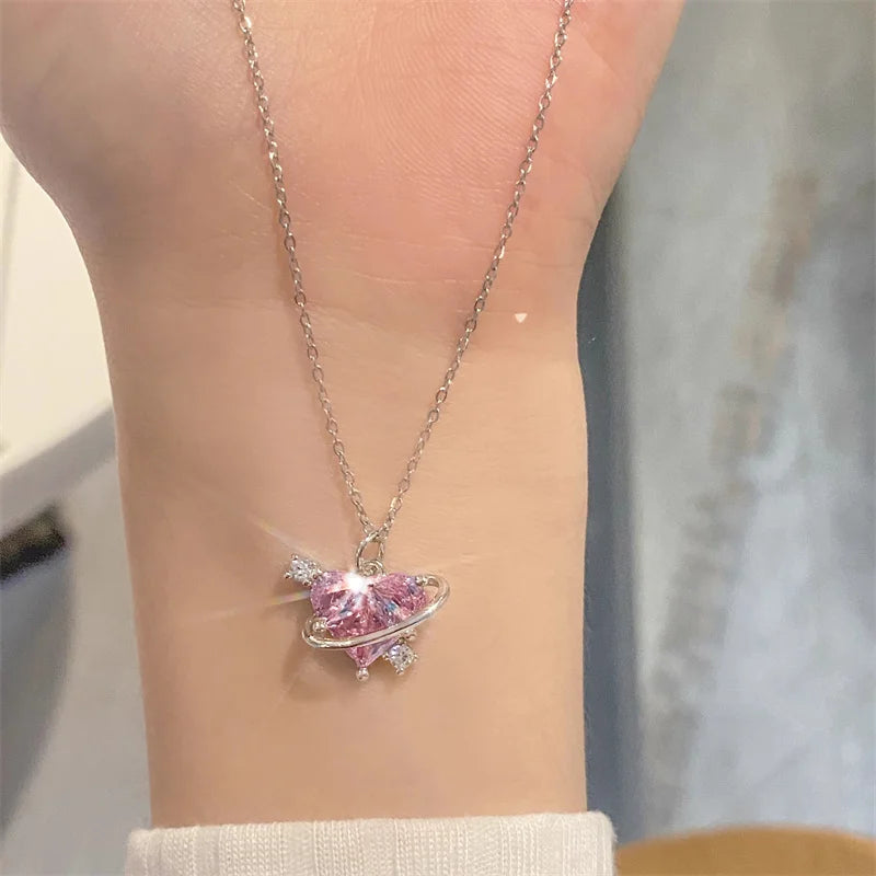 Collares con colgante de circonio y corazón de planeta rosa Y2K para mujer, collar de cadena de clavÃcula estética a la moda, regalo del DÃa de San ValentÃn, joyerÃa para fiesta