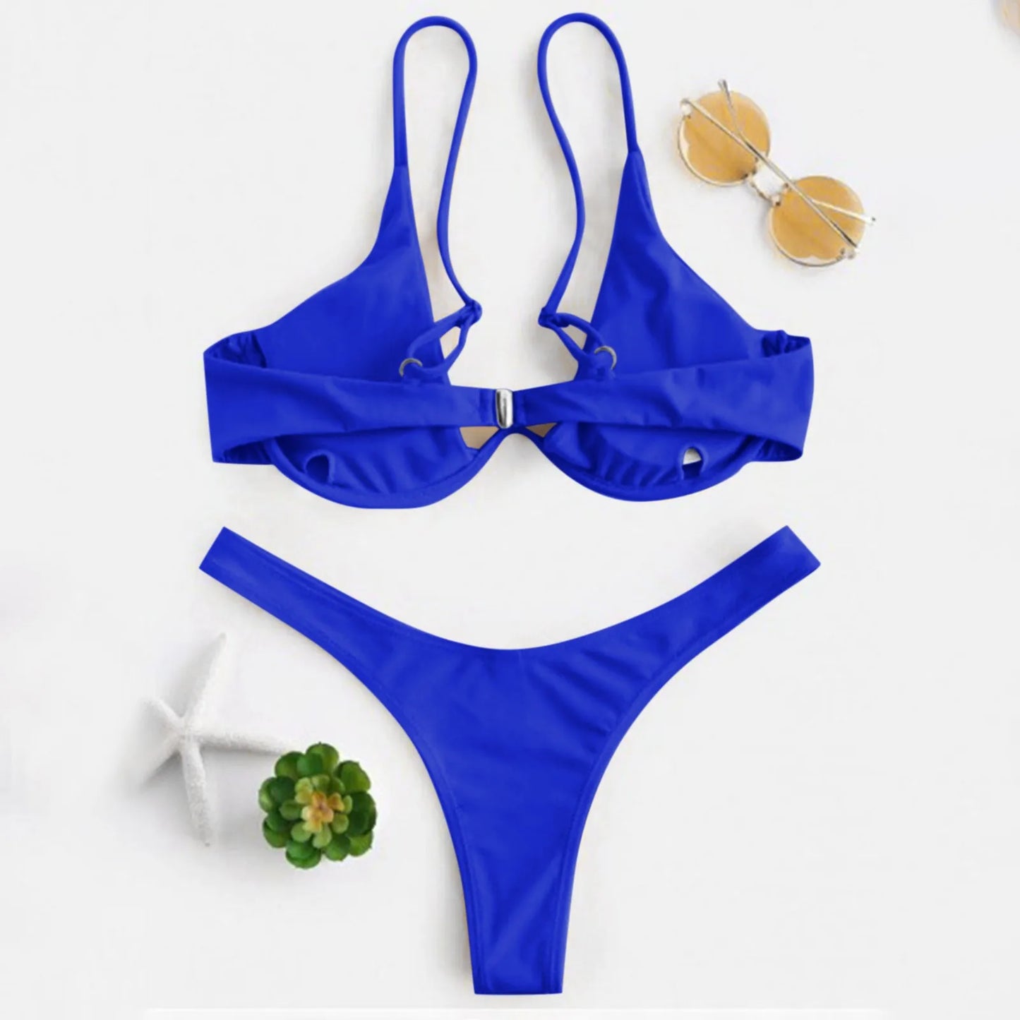 Bikini Sexy con aros para Mujer, traje de baño rojo liso con sujetador de realce, Tanga, traje de baño con cuello Halter y cuello de pico, Mini microtanga 2024