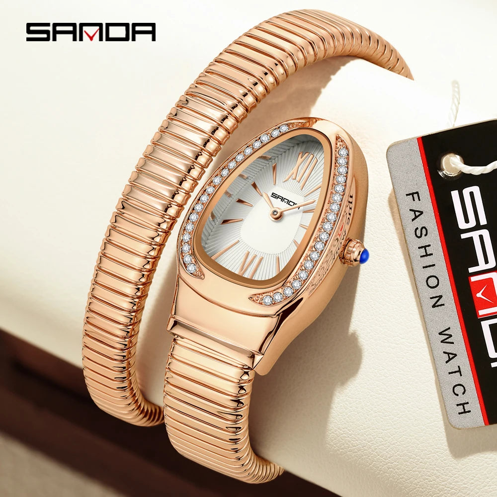 SANDA, superventas, 1151 reloj de mujer de gama alta con incrustaciones de diamantes en forma de serpiente, reloj de cuarzo de lujo ligero con temperamento Retro para mujer