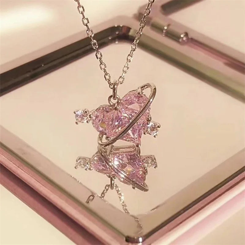 Collares con colgante de circonio y corazón de planeta rosa Y2K para mujer, collar de cadena de clavÃcula estética a la moda, regalo del DÃa de San ValentÃn, joyerÃa para fiesta