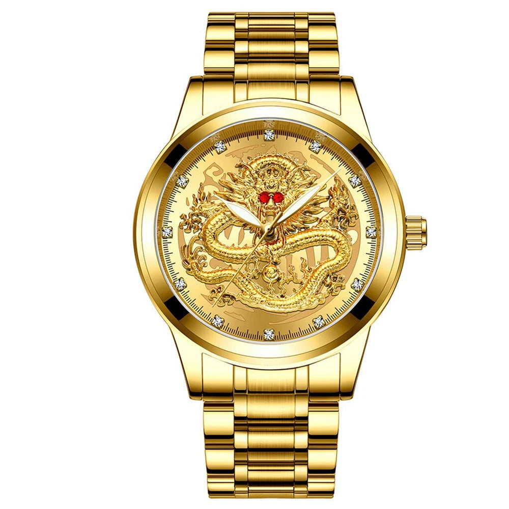 POSHI-reloj de cuarzo de acero inoxidable para hombre, cronógrafo de lujo con diseño Original de dragón dorado, resistente al agua