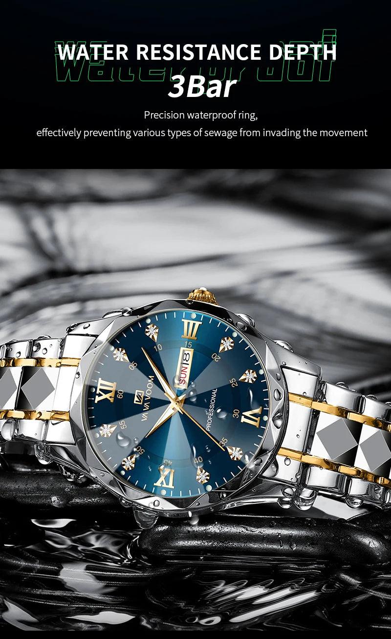 Reloj para hombre con diamantes de agua, lujo, brillo nocturno, doble calendario, movimiento de cuarzo, 41mm, oro azul, acero inoxidable, reloj de negocios de moda