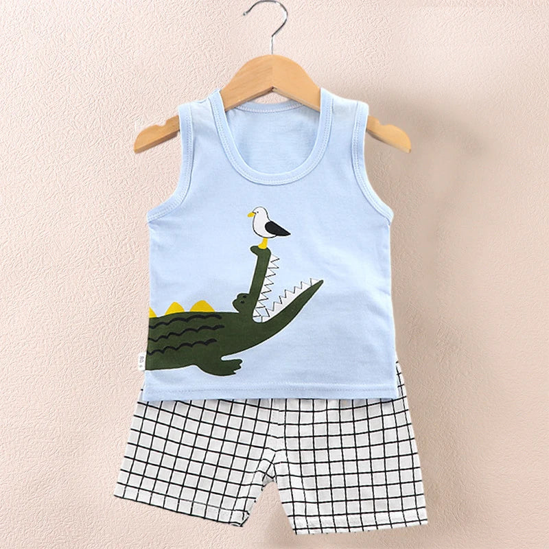 Ropa para niños, Tops sin mangas estampados, pantalones cortos, lindo, transpirable, chaleco de verano para niños, conjunto de pantalones cortos, camiseta sin mangas para ropa de bebé para niños