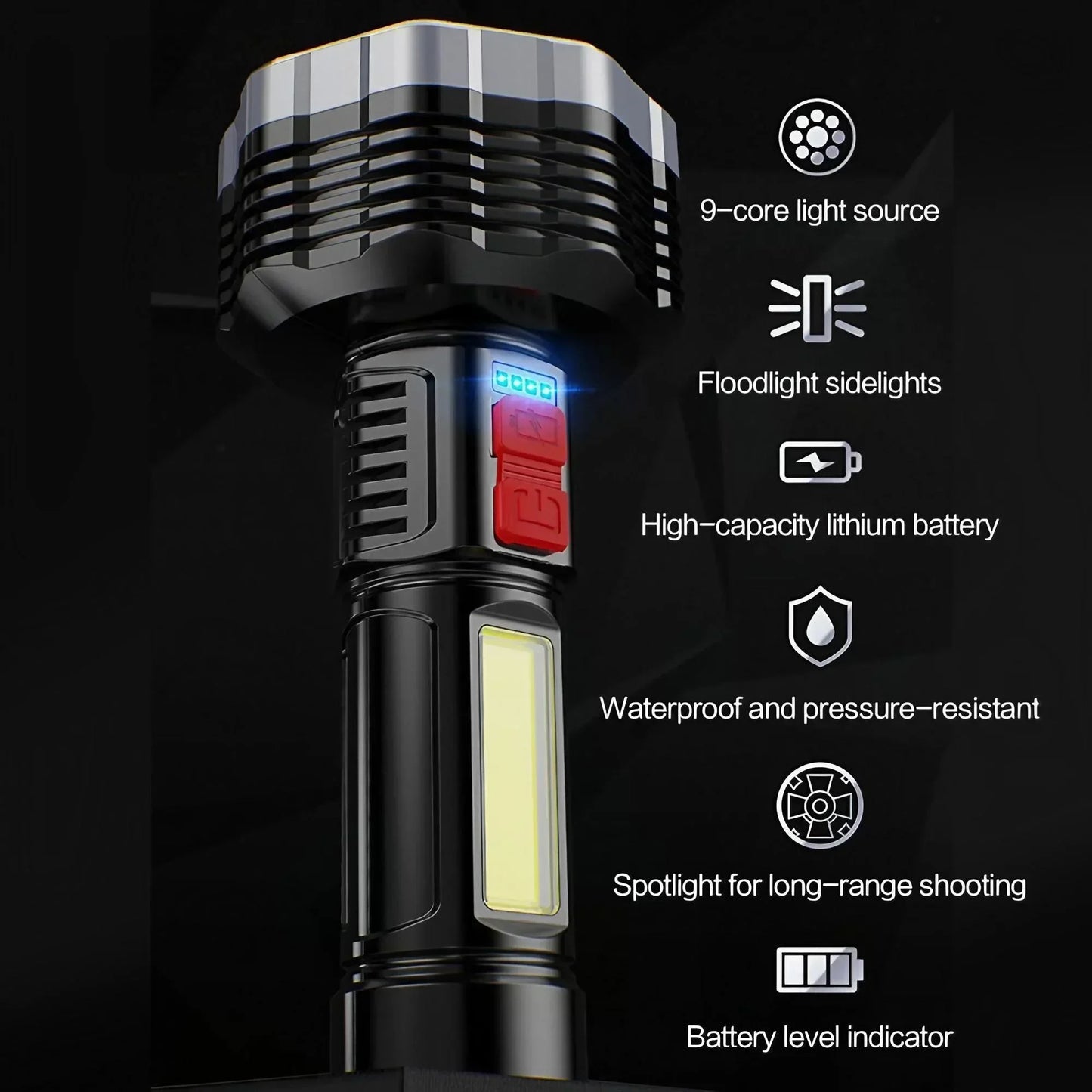 Portable 9-Core USB Rechargeable LED Flashlight Dual Light Source Camping Hiking Outdoor Multi-Use Light