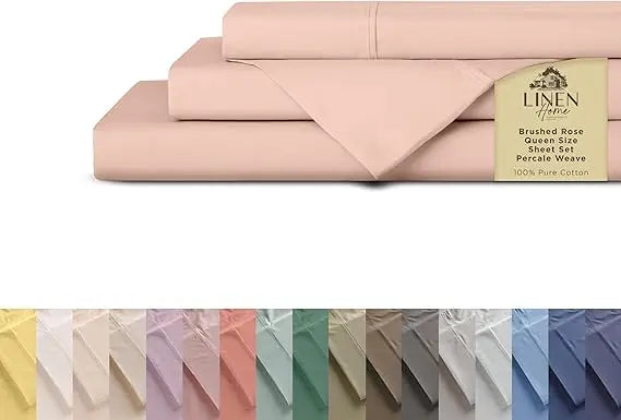 Sábanas de percal 100% algodón tamaño Queen, crema, bolsillo profundo, juego de 4 piezas: 1 sábana bajera plana, 1 bolsillo profundo y 2 fundas de almohada,