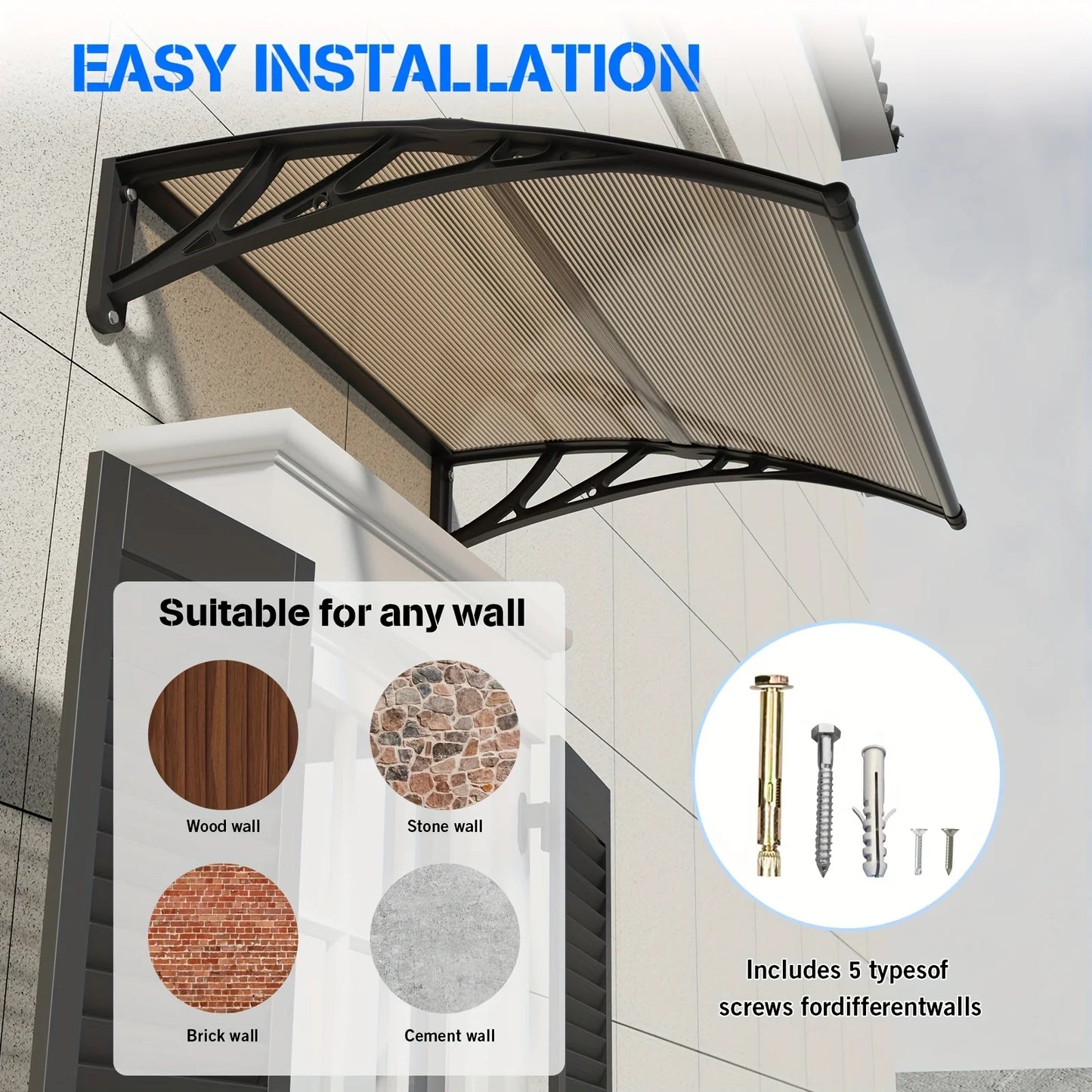 Toldo para puerta ventana UV lluvia nieve protección solar hoja hueca de policarbonato dosel exterior fácil de instalar